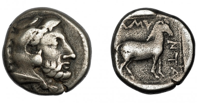 MACEDONIA. Amintas III. Didracma. A/ Cabeza de Herakles con leonté a der. R/ Cab...
