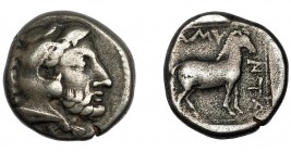 MACEDONIA. Amintas III. Didracma. A/ Cabeza de Herakles con leonté a der. R/ Caballo; AMY-NTA. AR 9,09 g. 20,7 mm. COP-512. SBG-1508. MBC-/BC+.