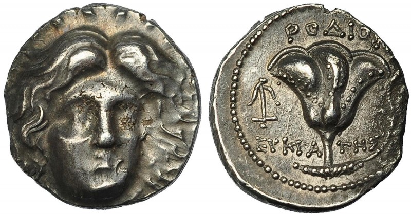 ISLAS DE CARIA. Rodas. Didracma (230-205 a.C.). A/ Cabeza radiada frontal de Hel...