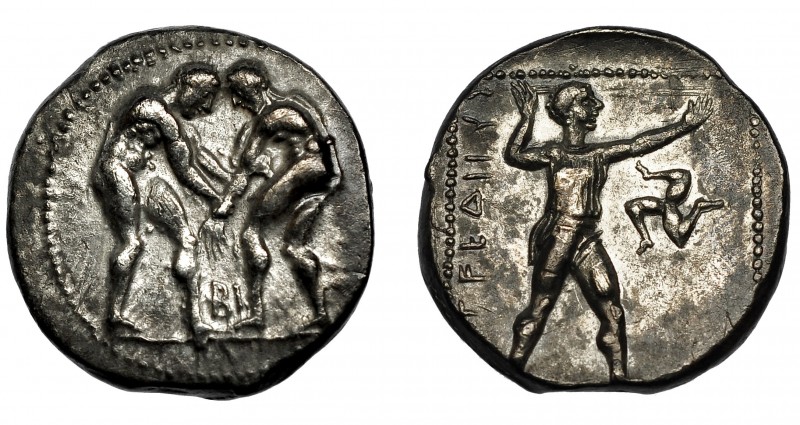 PANFILIA. Aspendos. Estátera. A/ Dos luchadores, en medio BI. R/ Hondero a der. ...