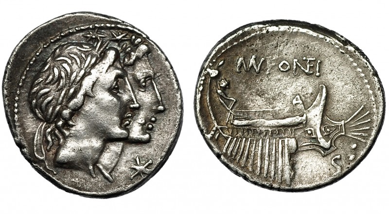 FONTEIA. Denario. Roma (108-107 a.C.). A/ Cabezas de los Dioscuros a der., delan...