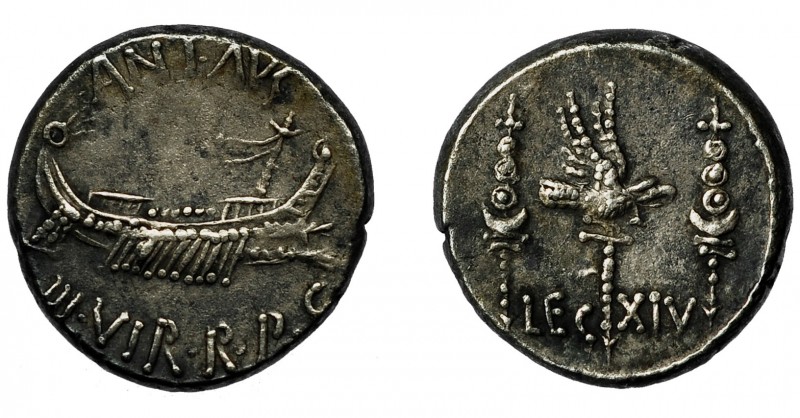 MARCO ANTONIO. Denario. Ceca móvil (32-31). R/ Aquila entre dos signa; LEG XIV. ...