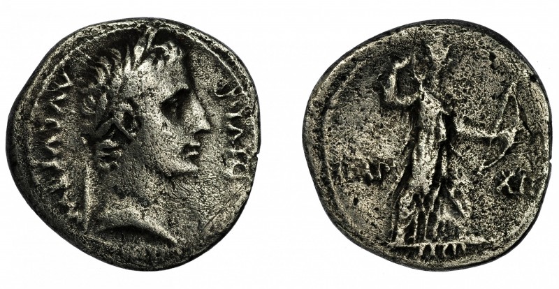 AUGUSTO. Denario. Lugdunum (11-10 a.C.). R/ Diana, avanzando a der. con arco y c...