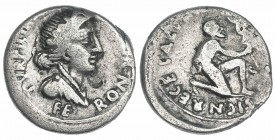 AUGUSTO. Denario. Roma (19 a.C.). A/ Busto de Feronia a der; TVRPILL(IANVS) F, FERON III VIR. R/ Parto arrodillado a der. con vexillum; CAESAR AVGVSTV...