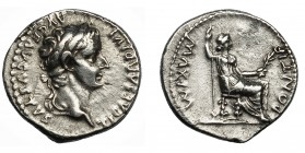 TIBERIO. Denario. Lugdunum (36-37 d.C.). R/ Livia entronizada a der. con cetro y espigas, patas del trono decoradas; PONTIF MAXIM. AR 3,58 g. 19,2 mm....