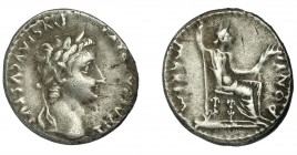 TIBERIO. Denario. Lugdunum (36-37 d.C.). R/ Livia entronizada a der. con cetro y espigas, patas del trono decoradas; PONTIF MAXIM. AR 3,80 g. 18 mm. R...