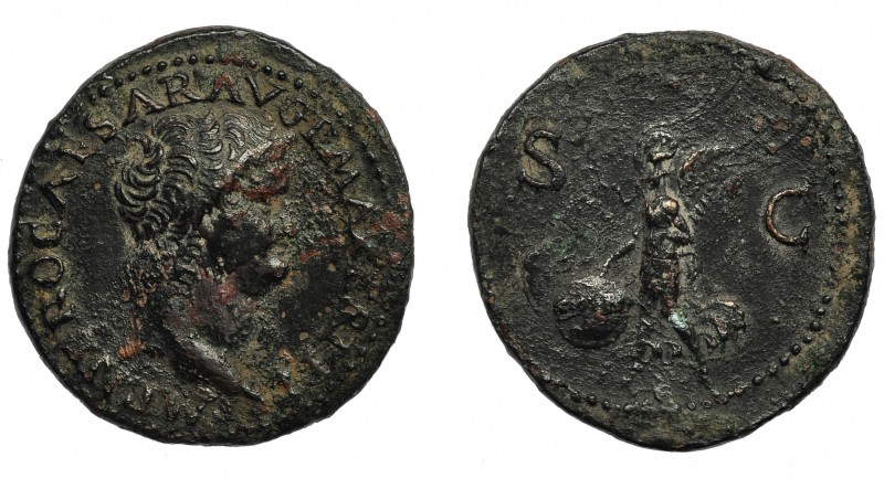 NERÓN. As. Lugdunum (66 d.C.). R/ Victoria a izq. con escudo con inscripción SPQ...
