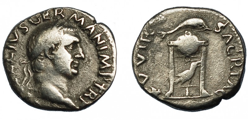 VITELIO. Denario. Roma (69 d.C.). R/ Trípode con delfín y cuervo; XV VIR SACR FA...