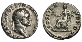 VESPASIANO. Denario. Roma (70 d.C.). R/ Pax sentada a izq. con rama y caduceo; COS ITER TR POT. AR 3,36 g. 15,5 mm. RIC-29. MBC.