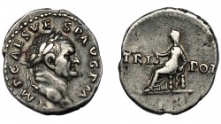 VESPASIANO. Denario. Roma (71 d.C.). R/ Vesta sentada a izq. con símpulo; TRI-POT. AR 3,26 g. 18 mm. RIC-46. MBC/BC+.