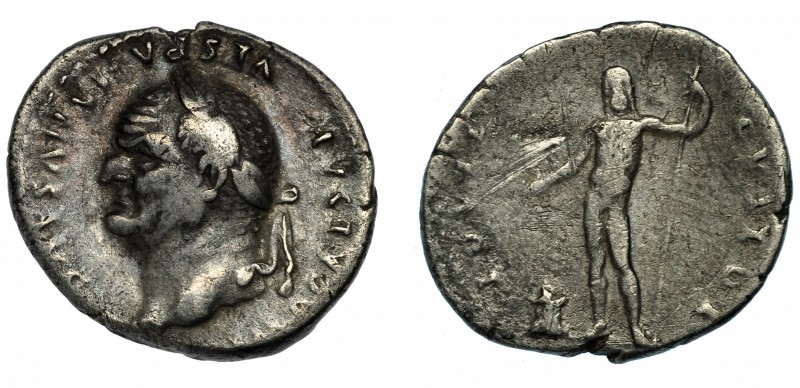 VESPASIANO. Denario. Roma (76 d.C.). R/ Júpiter a izq. Con cetro y sacrificando ...
