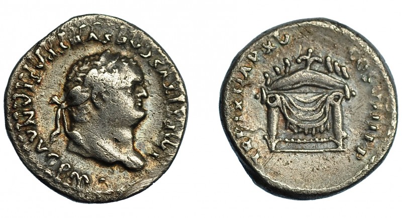 TITO. Denario. Roma (80 d.C.). R/ Trono frontal engalanado. AR 3,21 g. 18,3 mm. ...