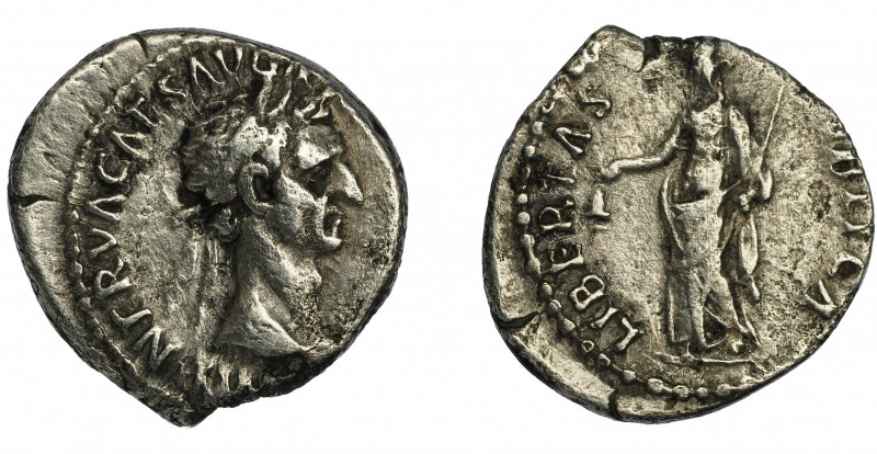 NERVA. Denario. Roma (96-97). R/ Libertas a izq. con cetro y pileus; LIBERTAS PV...