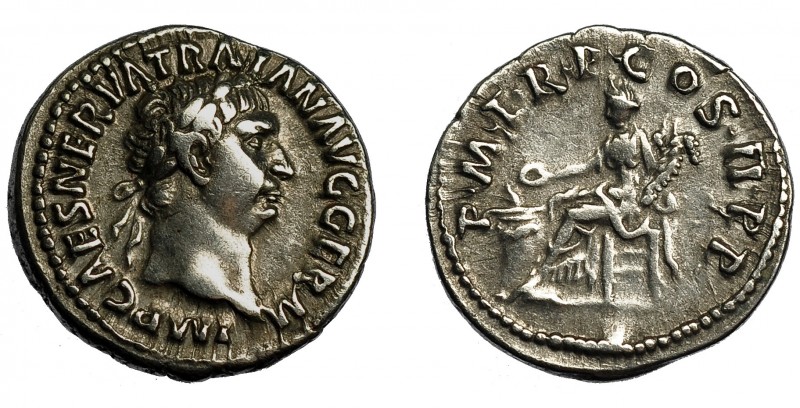 TRAJANO. Denario. Roma (98-99). R/ Concordia sentada a izq. con cornucopia y sac...
