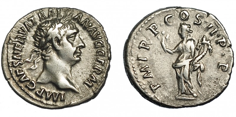 TRAJANO. Denario. Roma (98-99). R/ Pax a izq. con rama y cornucopia; P M TR P CO...