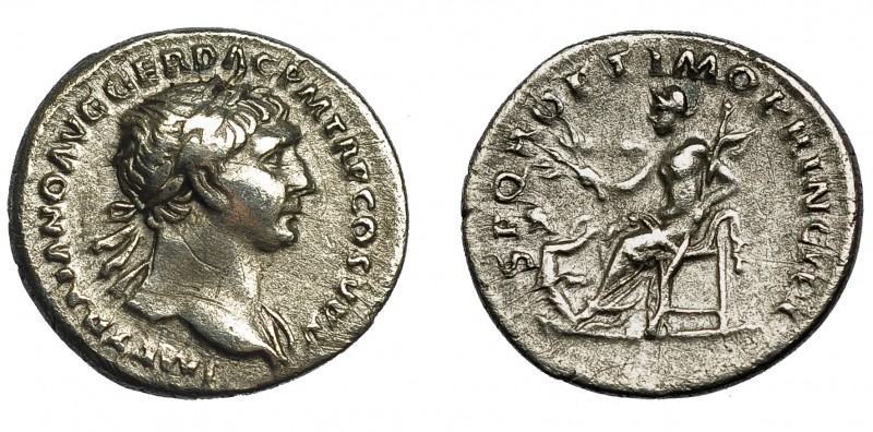TRAJANO. Denario. Roma (103-111). R/ Pax sentada a izq. con rama y cetro; SPQR O...