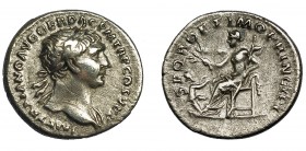 TRAJANO. Denario. Roma (103-111). R/ Pax sentada a izq. con rama y cetro; SPQR OPTIMO PRINCIPI. AR 2,83 g. 18,9 mm. RIC-187. Rayitas. MBC-