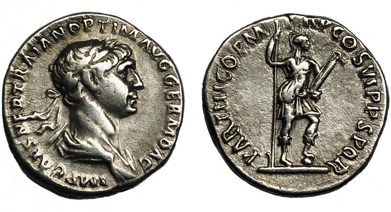 TRAJANO. Denario. Roma (114-117). R/ Virtus en traje militar a der. con lanza y ...