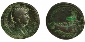 ADIRANO. Sestercio. Roma (129-130). R/ Barco a izq. FELICITATI/AVG/COS III PP. AE 21,81 g. 31,3 mm. RIC-1285 ss. Concreciones. Pátina verde. BC+/MBC-....