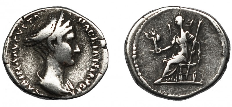 SABINA. Denario. Roma (128-129). R/ Vesta sentada a izq. con cetro y palladium. ...