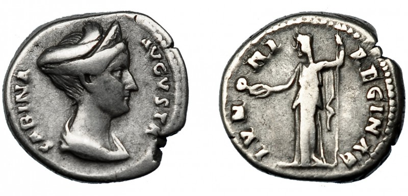 SABINA. Denario. Roma (130-135). R/ Juno a izq. con pátera y cetro;IVNONI REGINA...