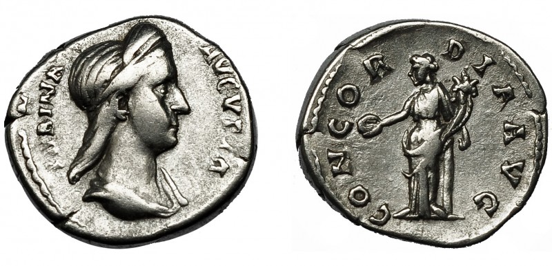 SABINA. Denario. Roma (136-138). R/ Concordia a izq. apoyada en columna, con pát...