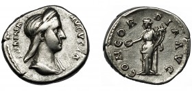 SABINA. Denario. Roma (136-138). R/ Concordia a izq. apoyada en columna, con pátera y cornucopia; CONCORDIA AVG. AR 3,56 g. 17,4 mm. RIC-2570. MBC-/MB...