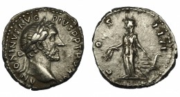 ANTONINO PÍO. Denario. Roma (152-153). R/ Annona a izq. con espigas, detrás modio sobre proa; COS IIII. AR 4,02 g. 17,6 mm. RIC-221. MBC.