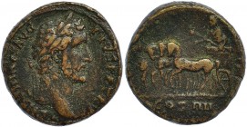 ANTONINO PÍO. Sestercio. Roma (146). A/ Cabeza laureada a der. R/ El emperador en cuadriga a izq.; en ex. COS IIII, (SC). RIC-767a. BC+. Rara.