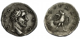 ANTONIO PÍO (restitución bajo Trajano Decio). Antoniniano. Mediolanum (250-251). R/ Águila a der. Mirando atrás; consecratio. AR 4,03 g. 20,1 mm. RIC-...
