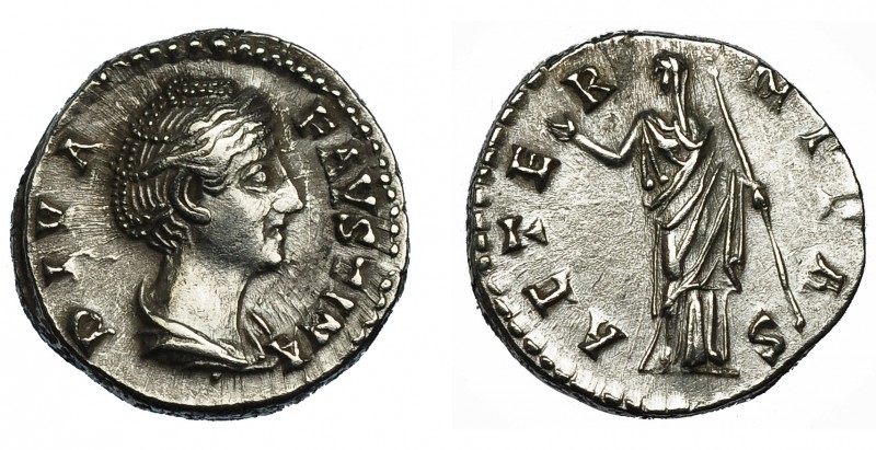 FAUSTINA LA MAYOR. Denario. Roma (141). R/ ¿Juno? mirando a izq. Con cetro; AETE...