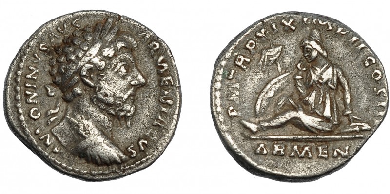 MARCO AURELIO. Denario. Roma (164-165). R/ Armenia sentada a izq.; P M TR P XIX ...
