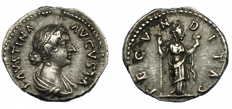 FAUSTINA LA MENOR. Denario. Roma (161-175). R/ Fecunditas con cetro y niño; FECV...