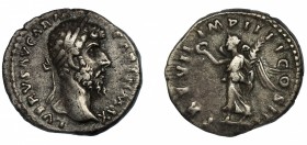 LUCIO VERO. Denario. Roma (166-167). R/ victoria avanzando a izq. con corona y palma; TR P VII IMP IIII COS III. AR 2,98 g. 18,6 mm. RIC-574. MBC/MBC-...