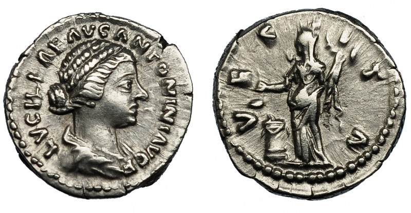 LUCILA. Denario. Roma (164-180). R/ Vesta a izq. Delante de altar con símpulo y ...