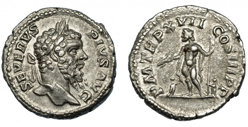SEPTIMIO SEVERO. Denario. Roma (205). R/ Júpiter a izq. con cetro y rayos, a los...