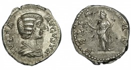 JULIA DOMNA. Denario. Roma (196-211). R/ Felicitas a izq. con caduceo y cetro; FELICITAS. AE 3,57 g. 17,5 mm. RIC-551. Hojitas en rev. MBC+/MBC.