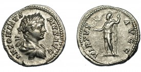 CARACALLA. Denario. Roma (201-210). R/ Virtus a izq. con victoria y lanza; VIRTVS AVGG. AR 3,53 g. 19 mm. RIC-149a. MBC+/MBC.