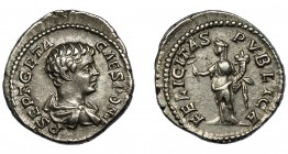GETA. Denario. Roma (200-202). R/ Felicitas a izq. con caduceo y cornucopia; FELICITAS PVBLICA. AR 3,95 g. 19,4 mm. RIC-9A. MBC+.