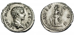 GETA. Denario. Roma (203-208). R/ Minerva a izq. con escudo y lanza; PONTIF COS. AR 3,65 g. 19,2 mm. RIC-34B. EBC-/MBC.
