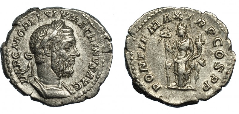 MACRINO. Denario. Roma (217). R/ Felicitas a izq. con caduceo y cornucopia; PONT...