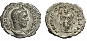 MACRINO. Denario. Roma (217). R/ Felicitas a izq. con caduceo y cornucopia; PONTIF MAX TR P COS P P. AR 3,03 g. 20 mm. RIC-73b. MBC+/MBC.