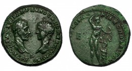 MACRINO Y DIADUMEDIANO. 5 assaria. Marcianópolis (217-218). A/ Bustos afrontados. R/ Apolo con arco delante de tronco de árbol, detrás E, alrededor le...