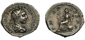 HELIOGÁBALO. Antoniniano. Roma (218). R/ Roma sentada a izq. con Victoria, lanza y escudo; P M TR P COS P P. VE 4,30 g. 23,214 mm. RIC-1e. MBC.