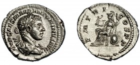 HELIOGÁBALO. Denario. Roma (218-222). R/ Roma sentada a izq. con victoria y cetro; P M TR P COS P P. AR 2,90 g. 20,4 mm. RIC-3b. EBC.
