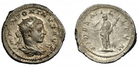 HELIOGÁBALO. Antoniniano. Roma (218-222). R/ Fides con aquila y vexillum; FIDES MILITVM. VE 4,99 g. 23,4 mm. RIC-72e. MBC-.