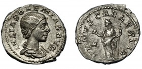 JULIA SOEMIA. Denario. Roma (218-222). R/ Venus a izq. con manzana y cetro, en campo estrella; VENVS CAELESTIS. AR 3,39 g. 18,9 mm. RIC-241. EBC-/MB+.