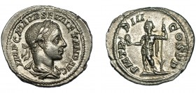 ALEJANDRO SEVERO. Denario. Roma (224). R/ El emperador en traje militar a izq. con lanza y globo; P M TR P III COS P P. AR 3,08 g. 20,8 mm. RIC-44c. E...