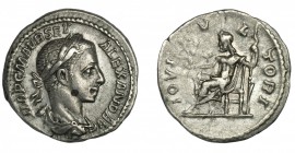 ALEJANDOR SEVERO. Denario. Roma (222-228). R/ Júpiter entronizado a izq. Con Victoria y cetro; IOVI VLTORI. AR 2,77 g. 18,6 mm. RIC-144. MBC/MBC-.