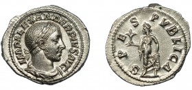 ALEJANDRO SEVERO. Denario. Roma (231-235). R/ Spes a izq. con flor y levantándose el vestido; SPES PVBLICA. AR 2,89 g. 20,4 mm. RIC-254d. EBC+.